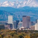 Downtown Denver with mountains in background