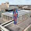 North Grand Ramp in Lansing seen from the sky with brightly painted staircase in the foreground